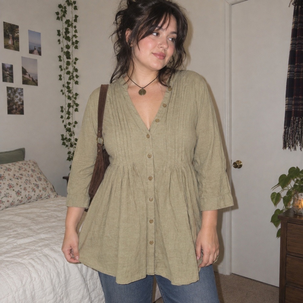Vintage Y2K Tunic Top Womens 2X Earthy Pintuck Button Boho Lagenlook Hippie 90s